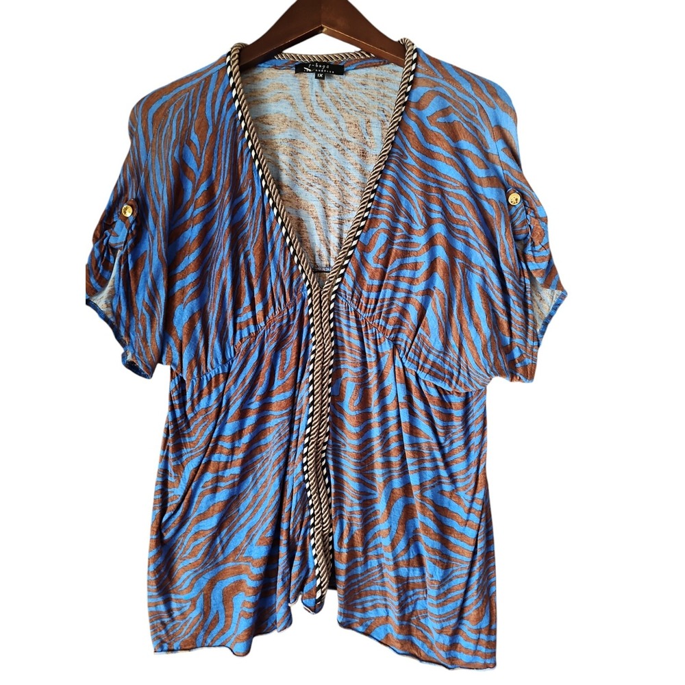 t-bags‎ Los Angeles Blue Brown Animal Print Braided V Neck Tunic Size 1X